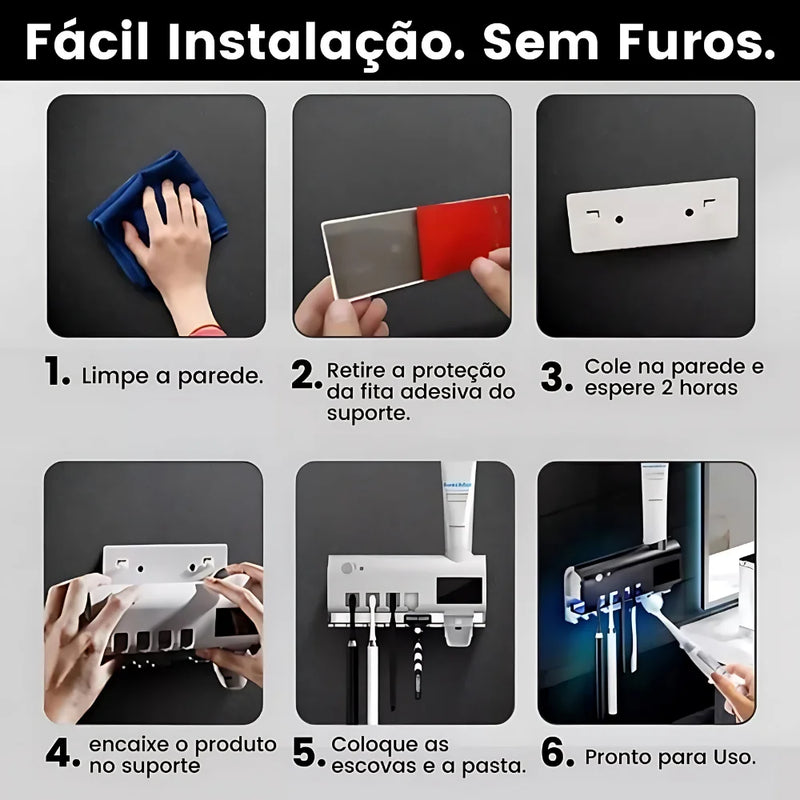 Esterilizador UV para Escova de Dentes com Porta-escovas + Dispensador Automático de Creme Dental