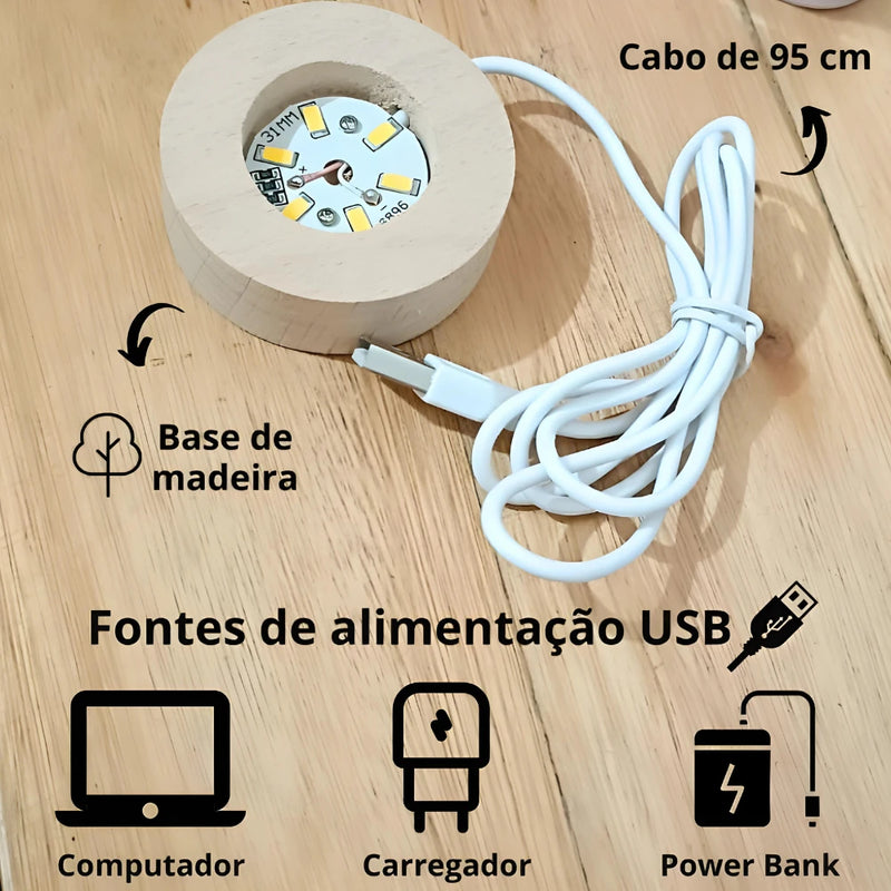 Luminária Galáxia 3D Bola de Cristal com Base de Madeira USB – Decoração Criativa e Presente Perfeito