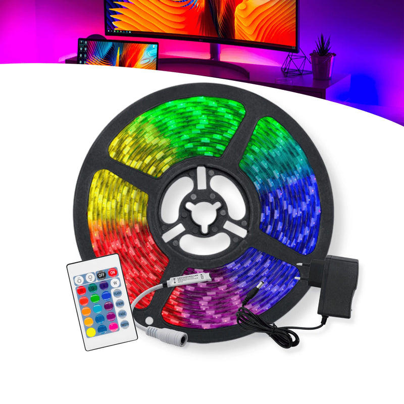 Fita LED RGB 5050 5m IP65 + Controle Remoto + Fonte 12V Bivolt – Iluminação Colorida e Flexível