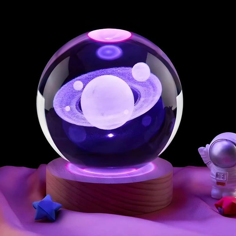 Luminária Galáxia 3D Bola de Cristal com Base de Madeira USB – Decoração Criativa e Presente Perfeito