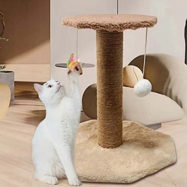Arranhador e Escalador Duplo para Gatos – Poste com Brinquedo Incluso, Cor Bege, Diversão e Relaxamento