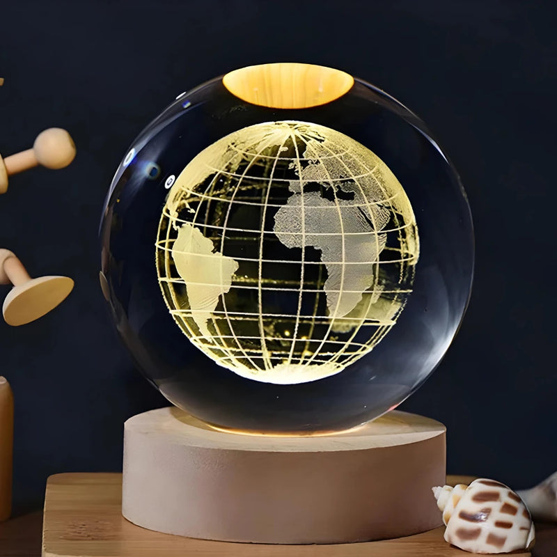 Luminária Galáxia 3D Bola de Cristal com Base de Madeira USB – Decoração Criativa e Presente Perfeito
