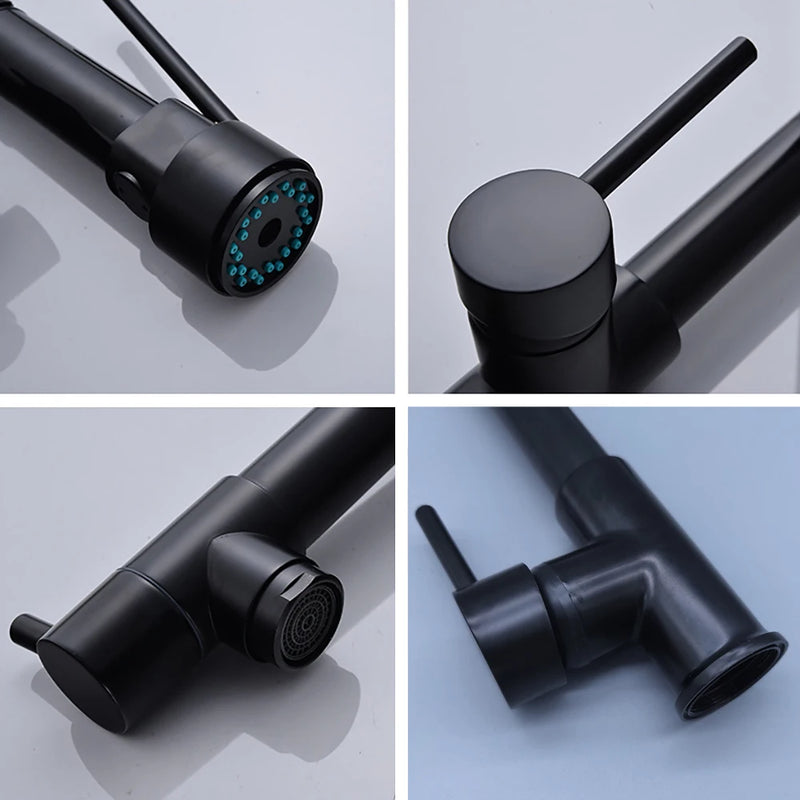 Torneira DQOK Black Brushed – Cozinha Profissional em Casa | Bica Flexível Retrátil, Água Quente & Fria, Duplo Jato, Instalação de Bancada