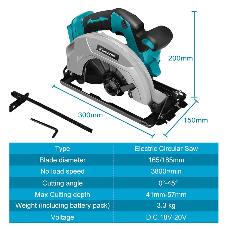 Kamolee Serra Circular Elétrica 7" – Potente, Portátil e Segura para DIY e Marcenaria | Compatível com Baterias 18V/21V