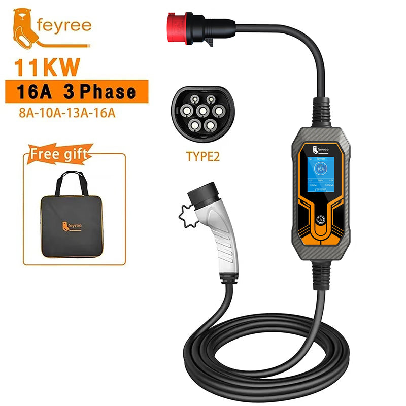 Carregador Portátil para Carro Elétrico Feyree – EVSE Type 2 | 7kW 32A Monofásico / 11kW 16A Trifásico | Alta Segurança IP65, Ajuste de Corrente, Compatível com Vários Modelos
