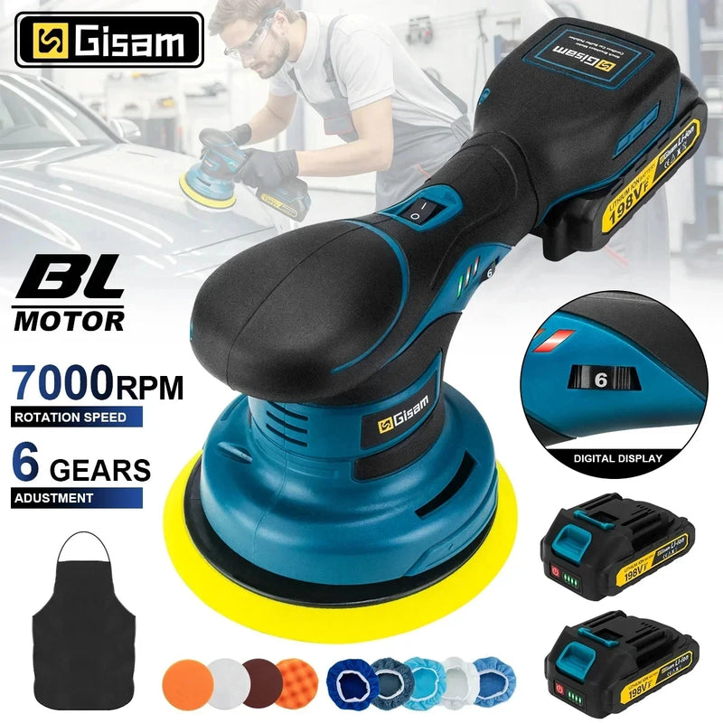 Gisam Politriz Elétrica Sem Fio 7000RPM – 6 Níveis, Motor Brushless, Compatível com Baterias Makita, Ideal para Carros e DIY