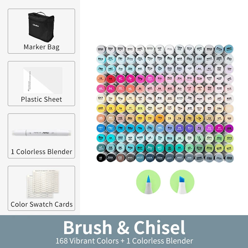 Kit Ohuhu Honolulu | Marcadores Profissionais Álcool Recarregáveis – 24 a 320 Cores Vibrantes, Dupla Ponta Brush + Chisel | Para Desenho, Mangá, Sketch e Arte Escolar
