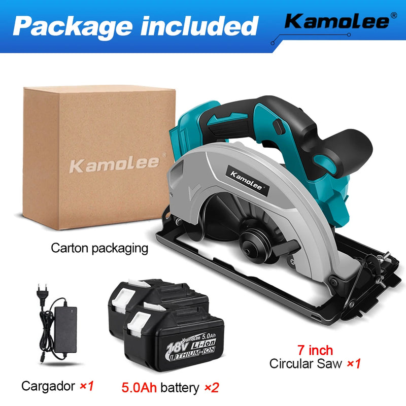 Kamolee Serra Circular Elétrica 7" – Potente, Portátil e Segura para DIY e Marcenaria | Compatível com Baterias 18V/21V