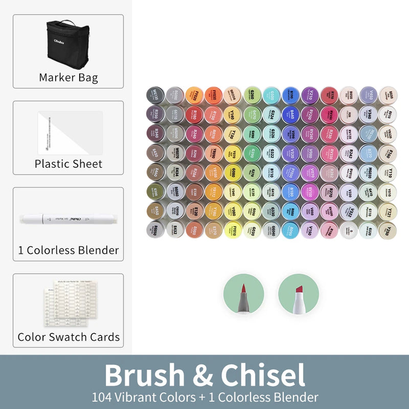 Kit Ohuhu Honolulu | Marcadores Profissionais Álcool Recarregáveis – 24 a 320 Cores Vibrantes, Dupla Ponta Brush + Chisel | Para Desenho, Mangá, Sketch e Arte Escolar