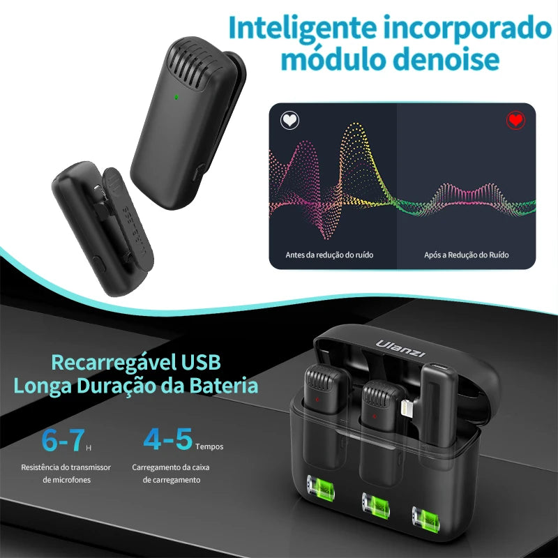 Ulanzi J12 Microfone Lavalier Sem Fio – Mini Mic Plug & Play para iPhone e Android | Gravação de Áudio e Vídeo, Lives e Vlogs