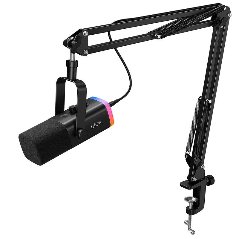 FIFINE AM8T – Microfone Dinâmico USB/XLR com Boom Arm, RGB e Controles de Áudio para PC, PS4/5 e Streaming