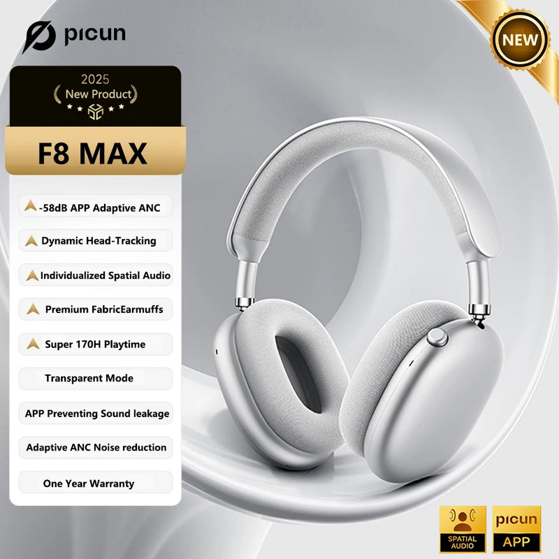 Picun F8 Pro – Headphones Bluetooth Wireless HiFi com ANC -52dB, Áudio 3D Espacial, Head Tracking, Microfone HD e Latência Ultra-Baixa.
