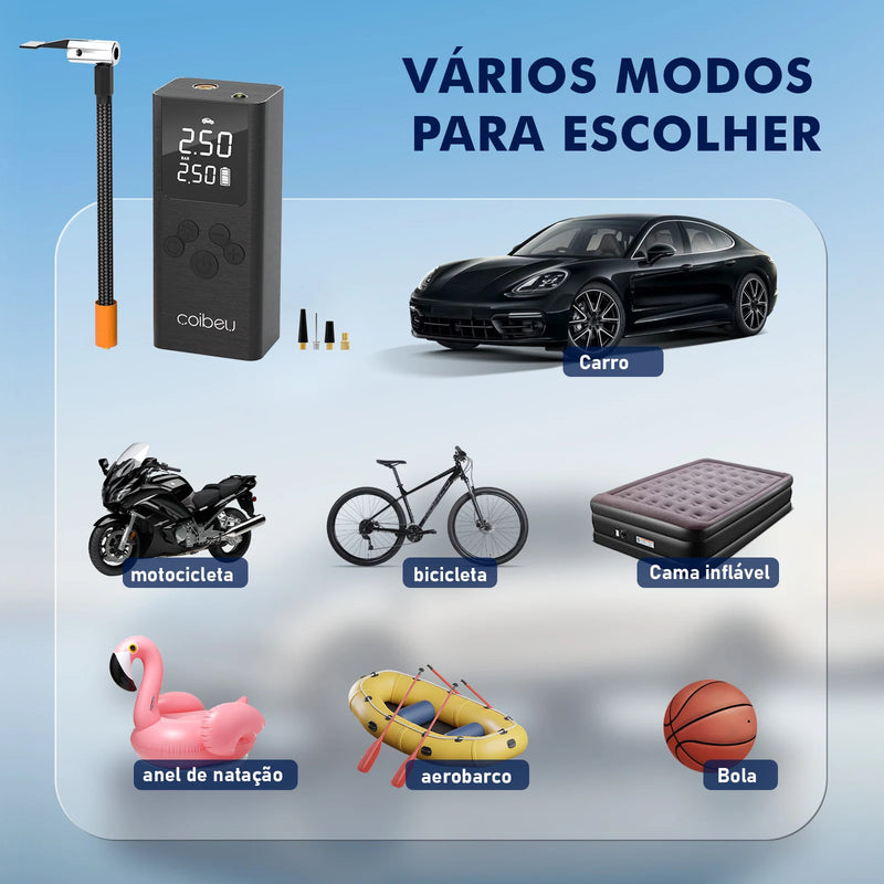 Mini Compressor Coibeu – Inflador Portátil de Pneus com Bateria Recarregável e Lanterna Integrada
