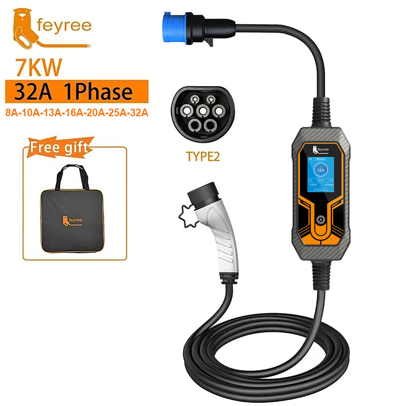 Carregador Portátil para Carro Elétrico Feyree – EVSE Type 2 | 7kW 32A Monofásico / 11kW 16A Trifásico | Alta Segurança IP65, Ajuste de Corrente, Compatível com Vários Modelos