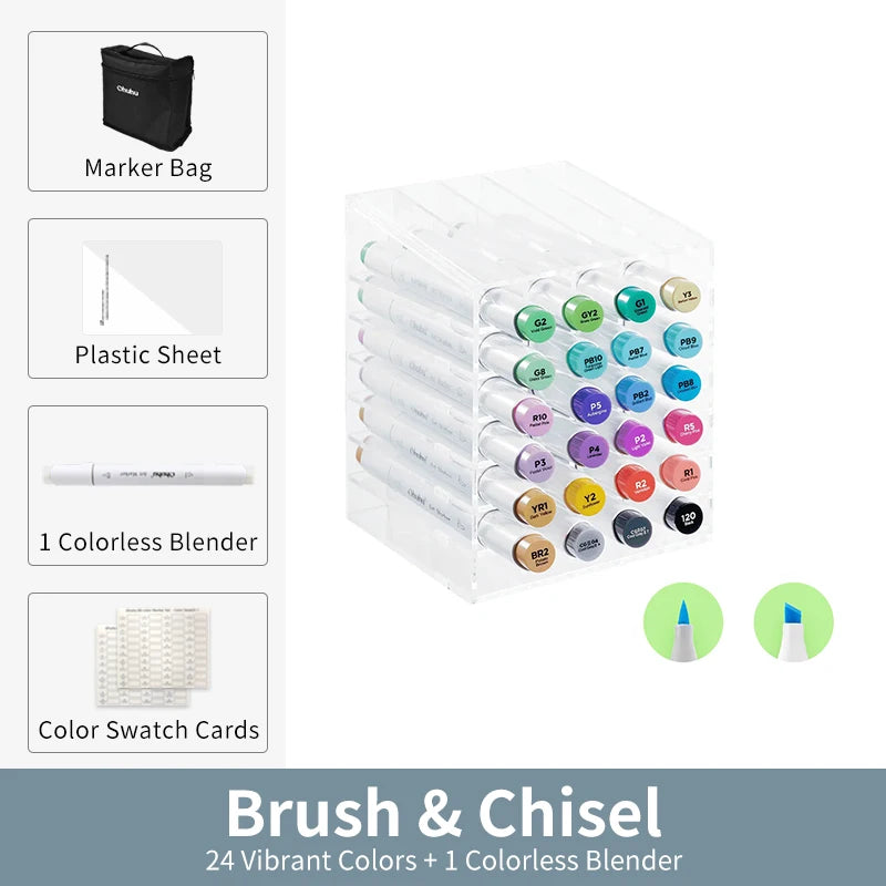 Kit Ohuhu Honolulu | Marcadores Profissionais Álcool Recarregáveis – 24 a 320 Cores Vibrantes, Dupla Ponta Brush + Chisel | Para Desenho, Mangá, Sketch e Arte Escolar