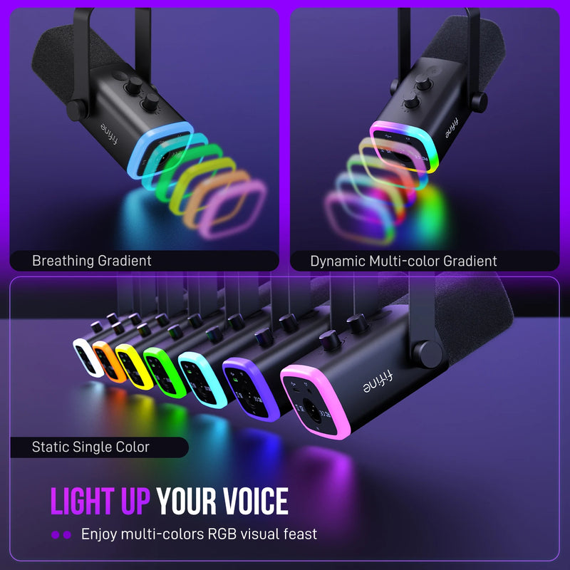FIFINE AM8 Microfone Dinâmico USB/XLR com RGB Personalizável, Saída para Fone, Botão Mute – Ideal para Gaming, Streaming e Gravação de PC