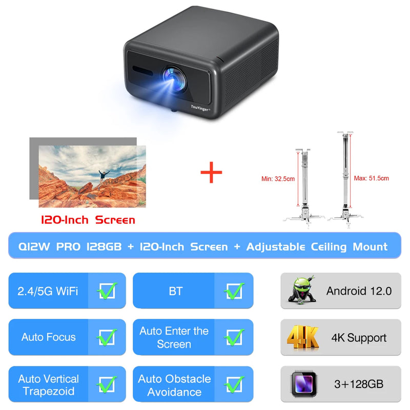 Projetor Smart TouYinger Q12W PRO – 2800 ANSI Lumens | Full HD 4K | Wi-Fi Dual Screen + Bluetooth