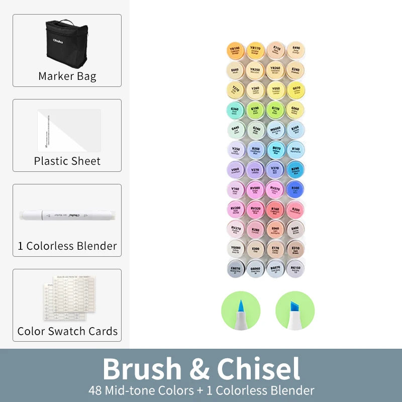 Kit Ohuhu Honolulu | Marcadores Profissionais Álcool Recarregáveis – 24 a 320 Cores Vibrantes, Dupla Ponta Brush + Chisel | Para Desenho, Mangá, Sketch e Arte Escolar