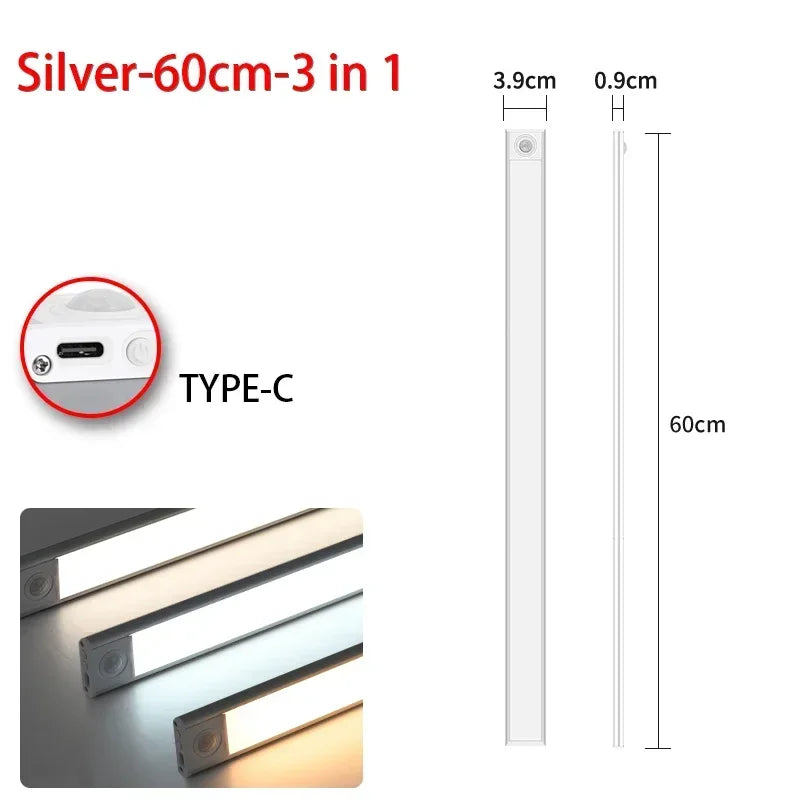 Luminária LED com Sensor de Movimento – USB Recarregável, Sem Fios, 3 Cores de Luz | Ideal para Armários, Cozinha, Quarto e Corredor