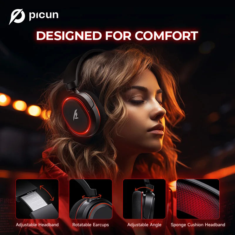 Headset Gamer Picun G2 Wireless 2.4G + Bluetooth 5.3 | Som 7.1 Surround | Microfone com Cancelamento de Ruído | Ultra Baixa Latência 5ms | 100h Bateria