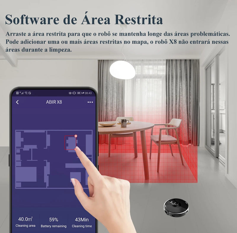 ABIR X8 — Robô Aspirador Inteligente | Navegação a Laser Lidar + TOF | 6500Pa de Potência | Mapas Multi-Andares | Mop Inteligente + UV
