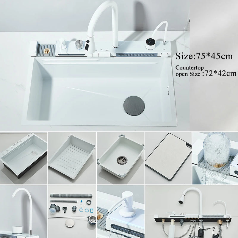 Pia de Cozinha em Aço Inox 304 – Design Waterfall, Cuba Única, Display Digital Integrado, Torneira Premium, Dispenser de Sabão e Lava-Copos