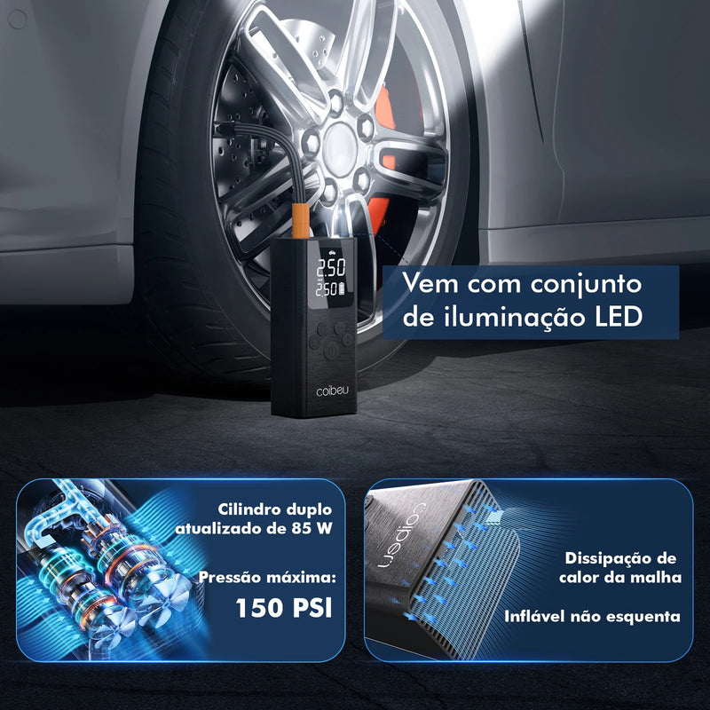 Mini Compressor Coibeu – Inflador Portátil de Pneus com Bateria Recarregável e Lanterna Integrada