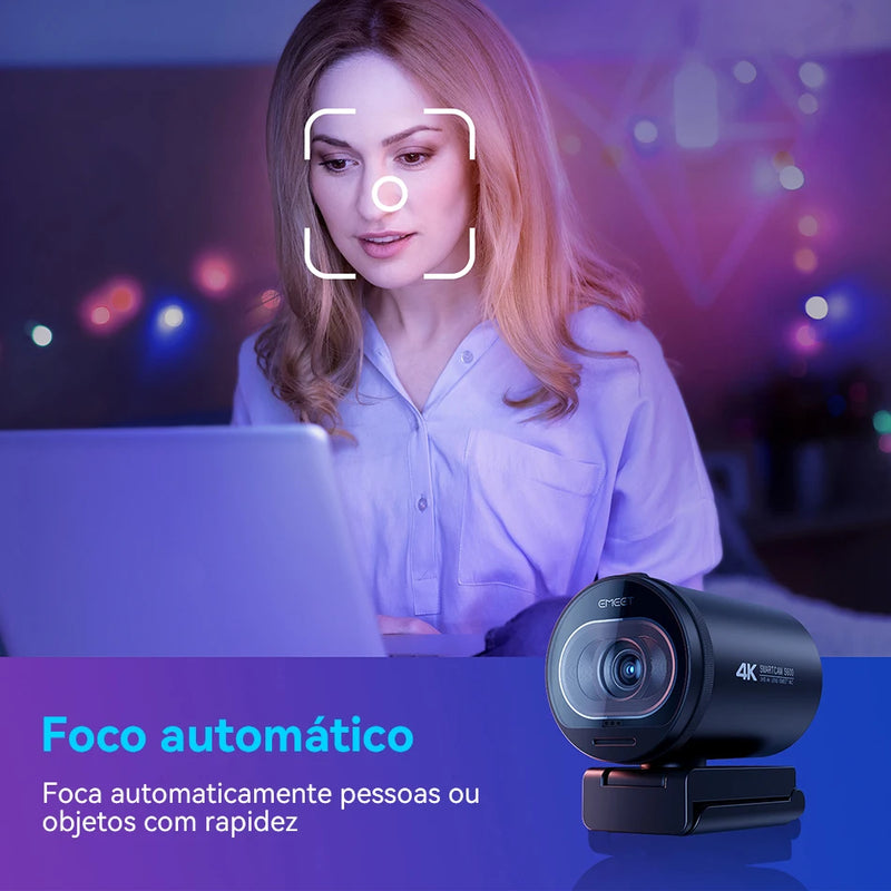 Webcam EMEET S600 4K Ultra HD | 1080p 60FPS | Autofoco Rápido | Microfones com Cancelamento de Ruído + Tampa de Privacidade – Ideal para Lives, YouTube, TikTok e Reuniões Online