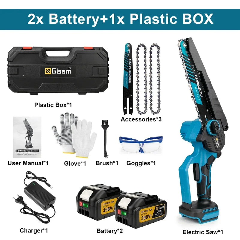 Mini Motosserra Elétrica Gisam 8" Brushless – Sem Fio, Portátil, Para Poda, Jardinagem e Madeira | Compatível com Baterias Makita 18V