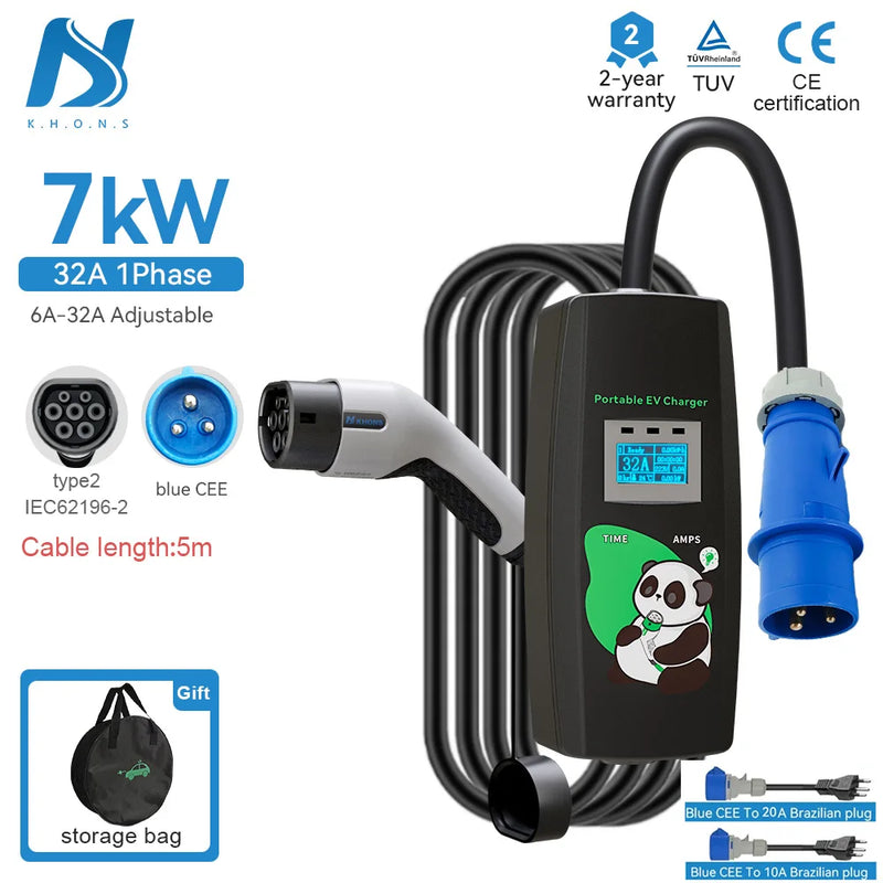 Carregador Portátil EV 7kW K.H.O.N.S | Carga Ultra Rápida, Segura e Compatível com +30 Marcas