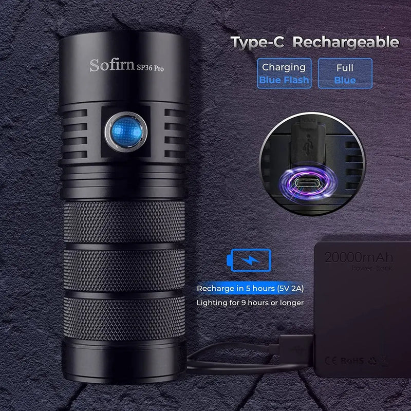 Lanterna Tática Sofirn SP36 Pro 8.000lm – LED SST40, USB-C, Baterias 18650, À Prova D’água