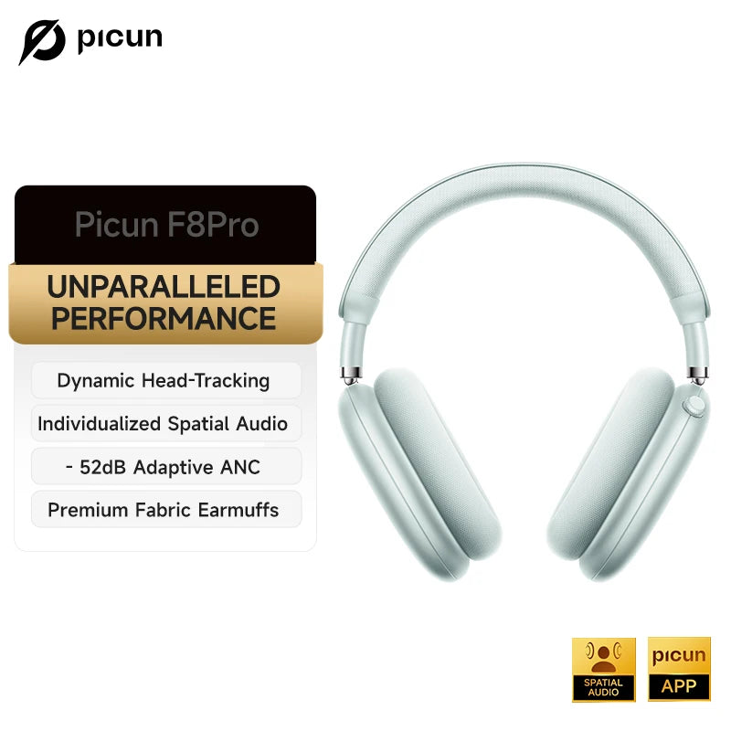 Picun F8 Pro – Headphones Bluetooth Wireless HiFi com ANC -52dB, Áudio 3D Espacial, Head Tracking, Microfone HD e Latência Ultra-Baixa.