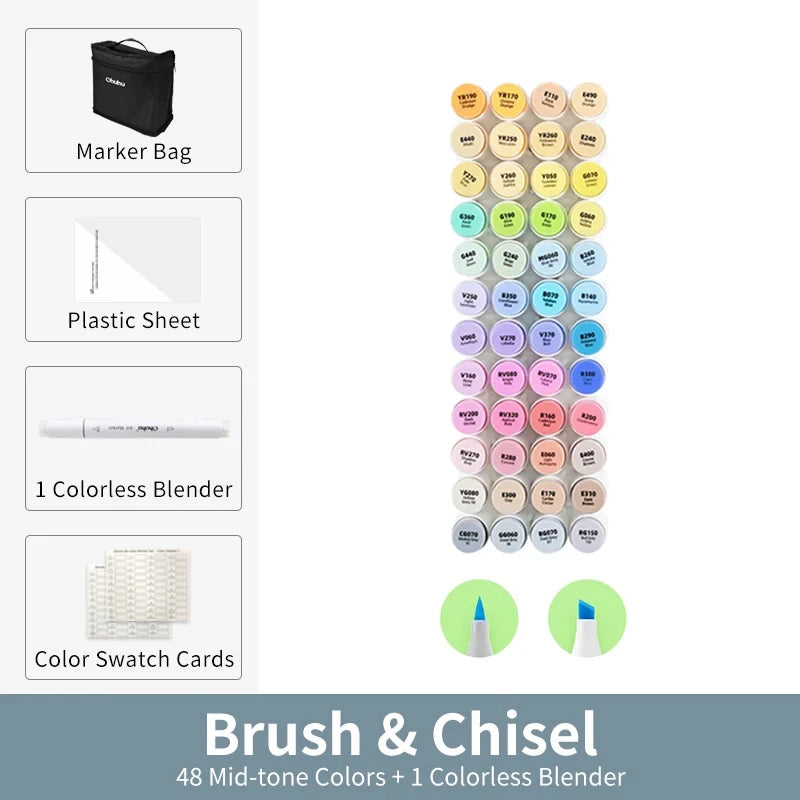 Kit Ohuhu Honolulu | Marcadores Profissionais Álcool Recarregáveis – 24 a 320 Cores Vibrantes, Dupla Ponta Brush + Chisel | Para Desenho, Mangá, Sketch e Arte Escolar