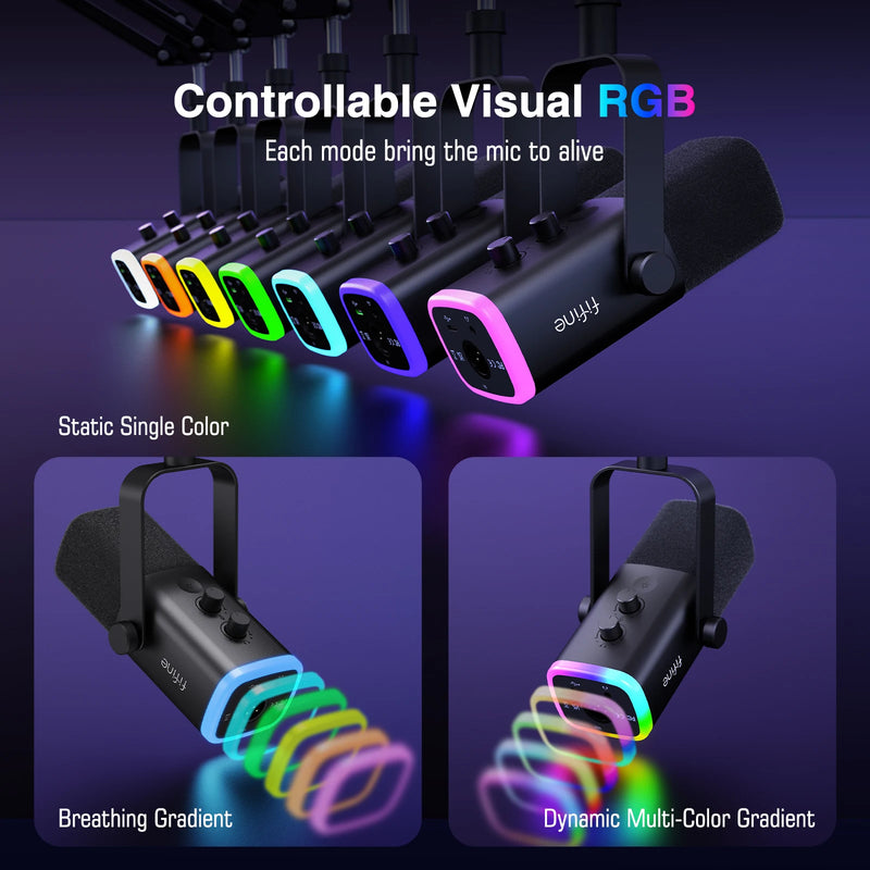 FIFINE AM8T – Microfone Dinâmico USB/XLR com Boom Arm, RGB e Controles de Áudio para PC, PS4/5 e Streaming