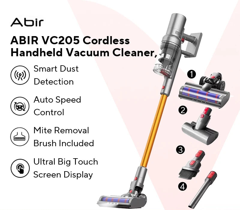 ABIR VC205 Cordless Handheld Vacuum Cleaner,27000PA,Touch Screen,Smart Dust Sensor,Auto Speed Control for Home Bed Carpet Clean