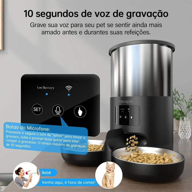 Alimentador Automático Smart Newpet 5L | Programável, Controle por APP, Tigela Inox, Ideal para Cães e Gatos