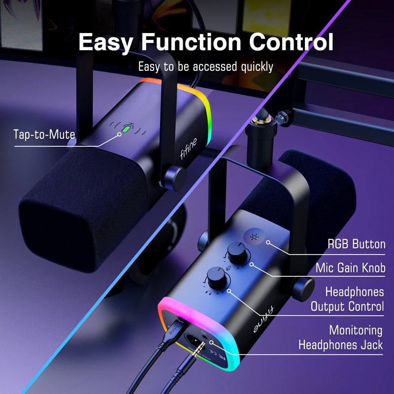 FIFINE AM8T – Microfone Dinâmico USB/XLR com Boom Arm, RGB e Controles de Áudio para PC, PS4/5 e Streaming