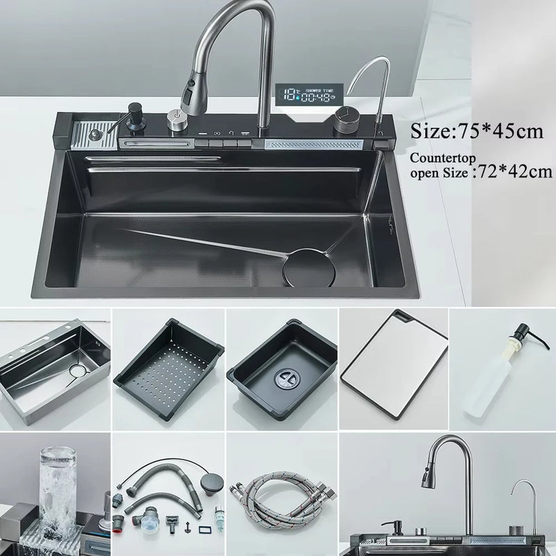 Pia de Cozinha em Aço Inox 304 – Design Waterfall, Cuba Única, Display Digital Integrado, Torneira Premium, Dispenser de Sabão e Lava-Copos