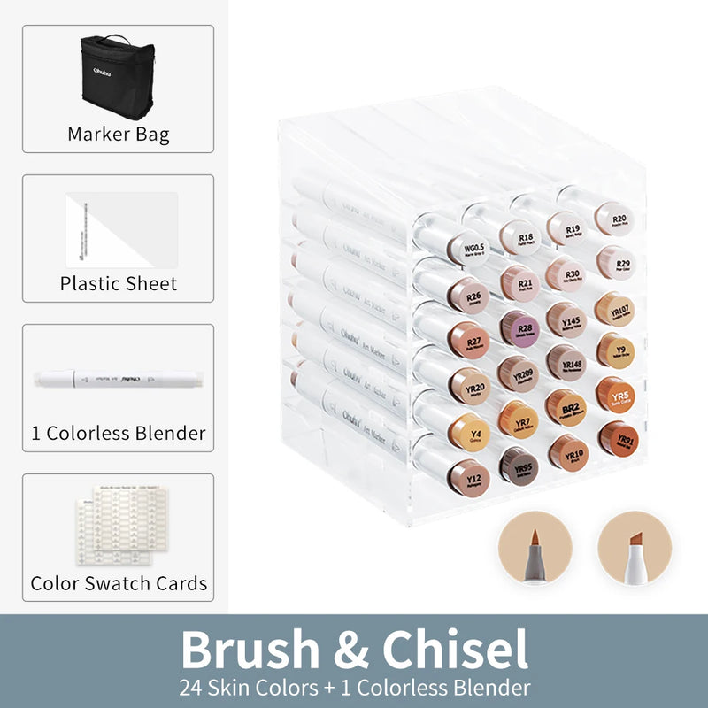 Kit Ohuhu Honolulu | Marcadores Profissionais Álcool Recarregáveis – 24 a 320 Cores Vibrantes, Dupla Ponta Brush + Chisel | Para Desenho, Mangá, Sketch e Arte Escolar