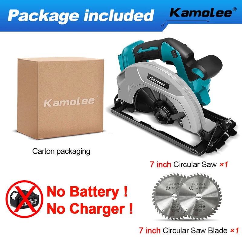 Kamolee Serra Circular Elétrica 7" – Potente, Portátil e Segura para DIY e Marcenaria | Compatível com Baterias 18V/21V