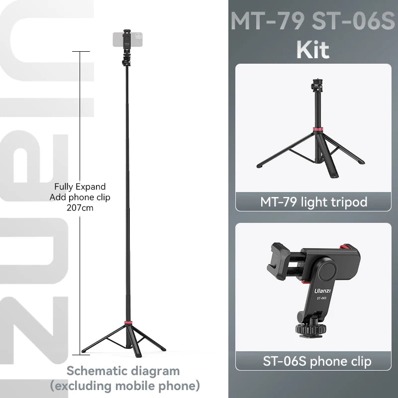 Ulanzi MT-79 Tripé Profissional Portátil – Até 2m de Altura, Alumínio de Alta Resistência, Super Leve, Ideal p/ Celular, DSLR, GoPro e Luz de Estúdio