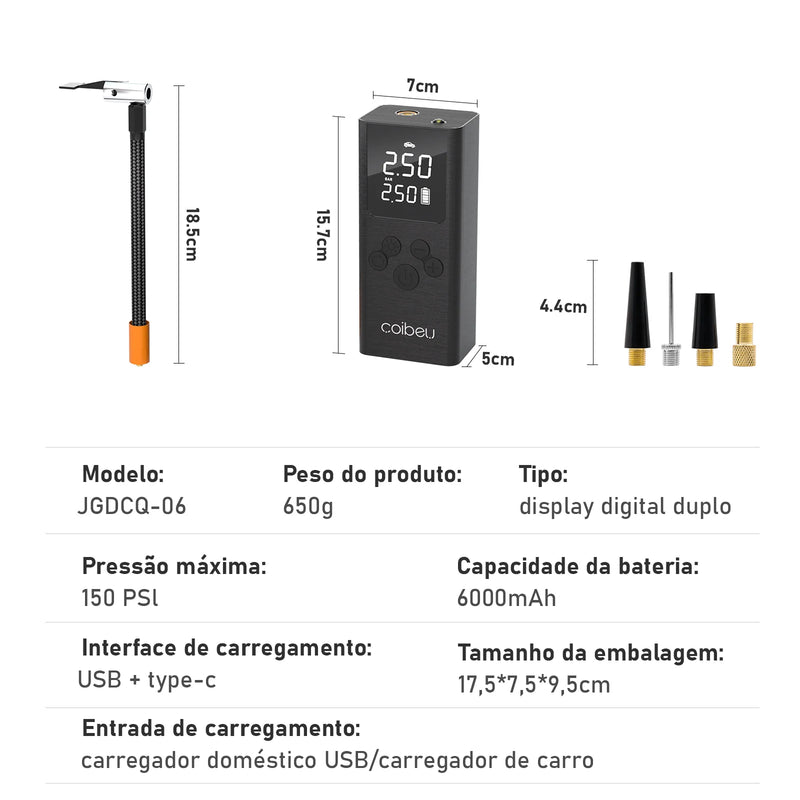 Mini Compressor Coibeu – Inflador Portátil de Pneus com Bateria Recarregável e Lanterna Integrada