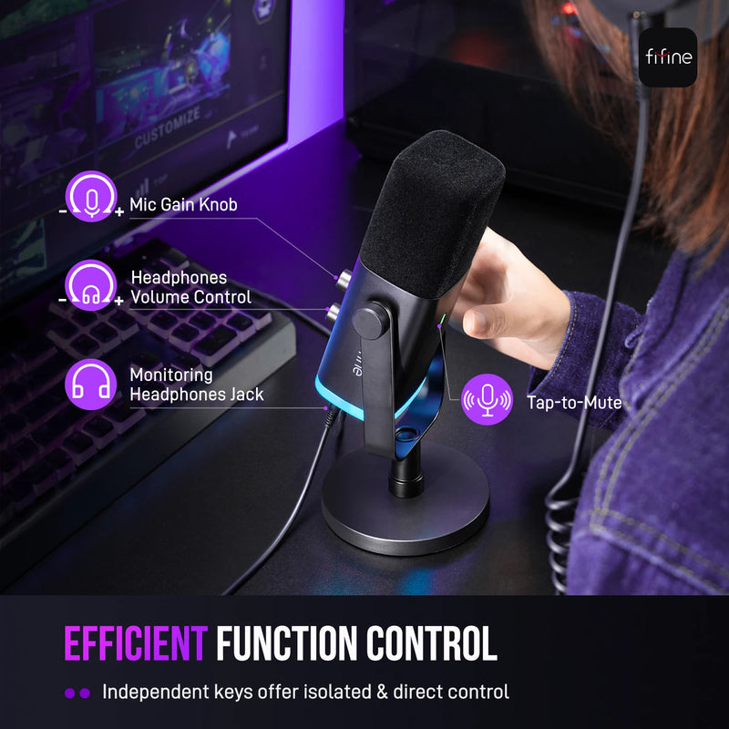 FIFINE AM8 Microfone Dinâmico USB/XLR com RGB Personalizável, Saída para Fone, Botão Mute – Ideal para Gaming, Streaming e Gravação de PC