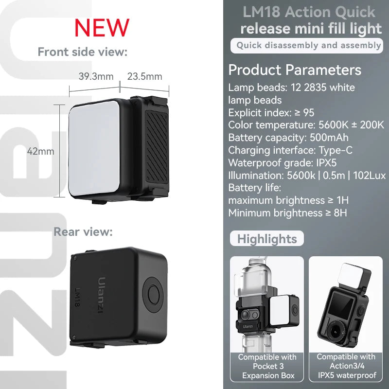 Mini Luz LED Ulanzi LM18 – Iluminação 5600K, Magnética, Resistente à Água, Perfeita para DJI Osmo Action e Pocket 3