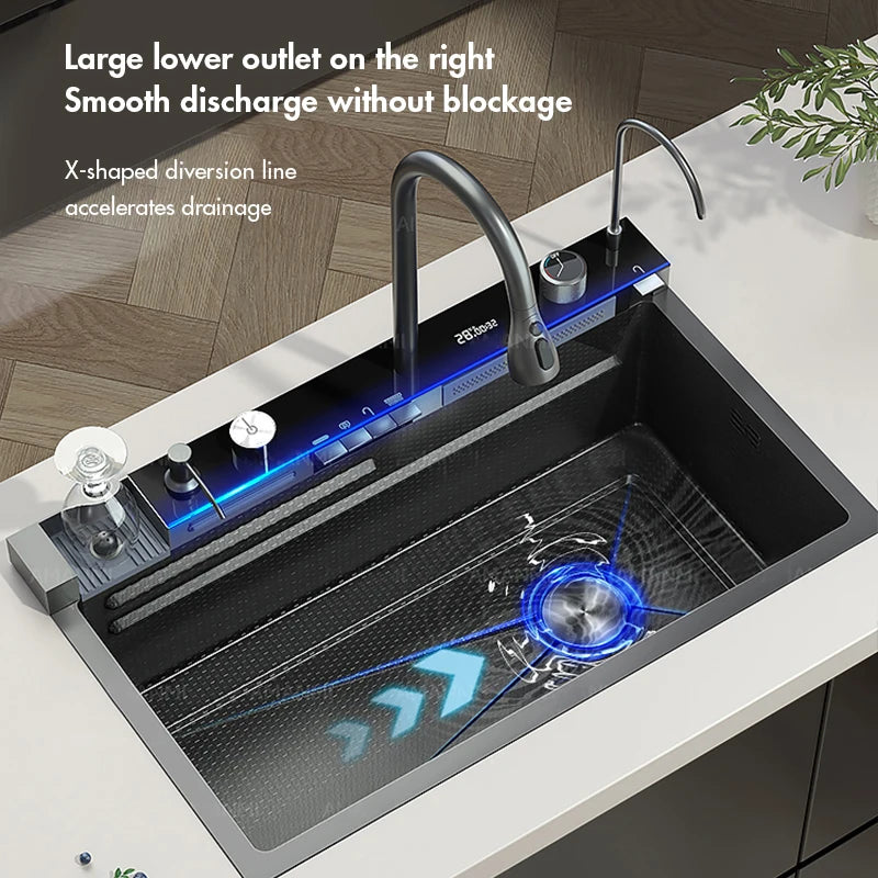 Pia de Cozinha em Aço Inox 304 – Design Waterfall, Cuba Única, Display Digital Integrado, Torneira Premium, Dispenser de Sabão e Lava-Copos