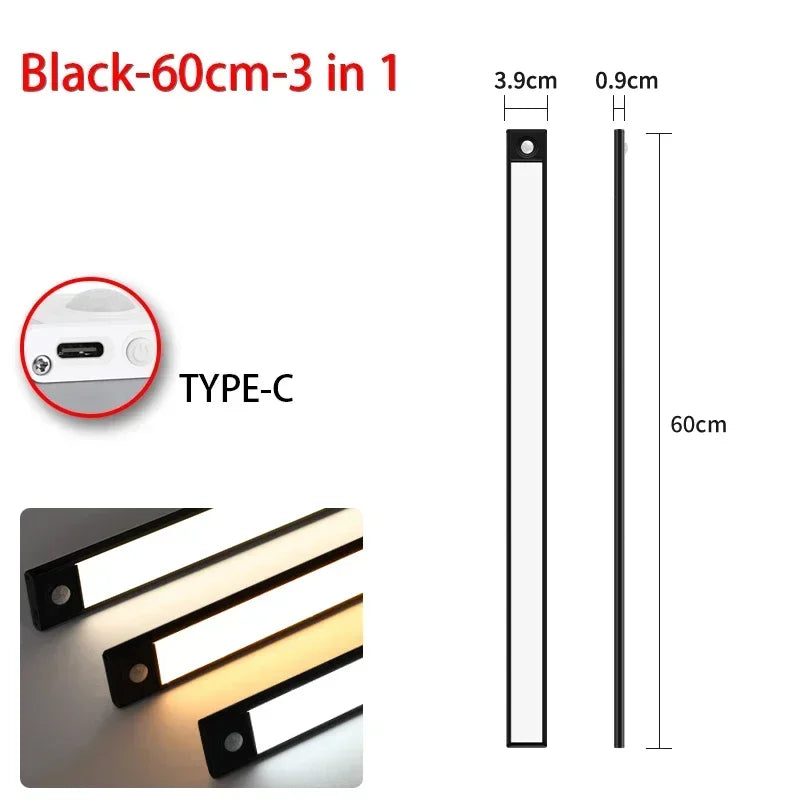 Luminária LED com Sensor de Movimento – USB Recarregável, Sem Fios, 3 Cores de Luz | Ideal para Armários, Cozinha, Quarto e Corredor