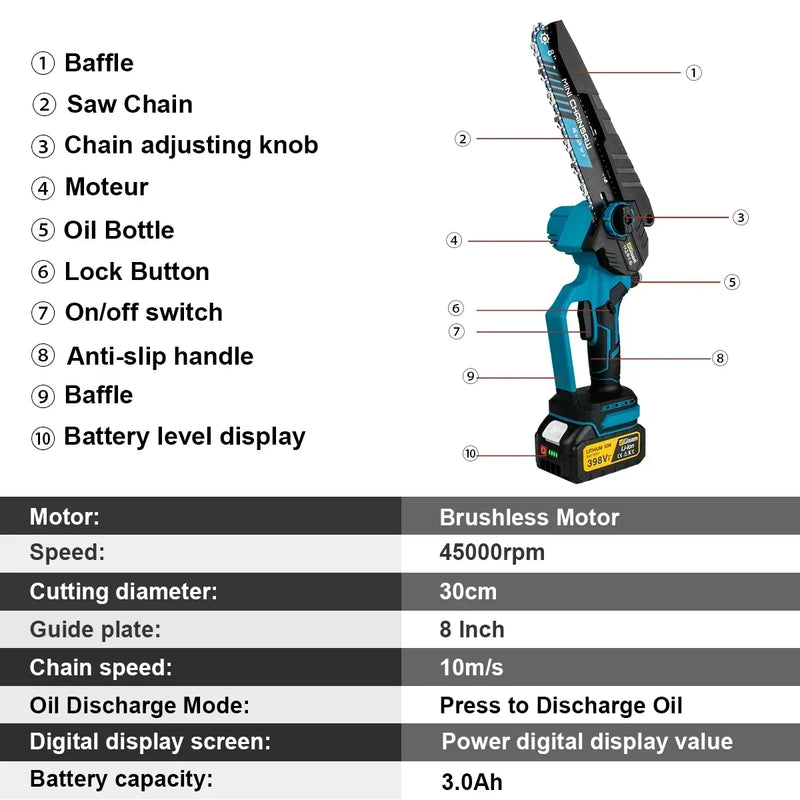 Mini Motosserra Elétrica Gisam 8" Brushless – Sem Fio, Portátil, Para Poda, Jardinagem e Madeira | Compatível com Baterias Makita 18V