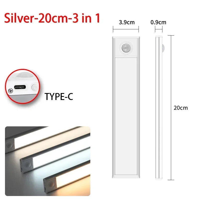 Luminária LED com Sensor de Movimento – USB Recarregável, Sem Fios, 3 Cores de Luz | Ideal para Armários, Cozinha, Quarto e Corredor