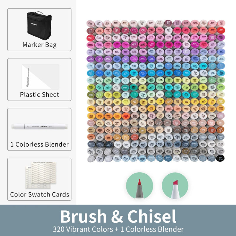Kit Ohuhu Honolulu | Marcadores Profissionais Álcool Recarregáveis – 24 a 320 Cores Vibrantes, Dupla Ponta Brush + Chisel | Para Desenho, Mangá, Sketch e Arte Escolar
