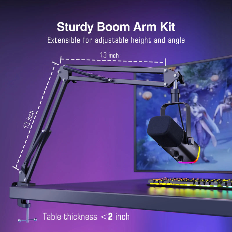 FIFINE AM8T – Microfone Dinâmico USB/XLR com Boom Arm, RGB e Controles de Áudio para PC, PS4/5 e Streaming